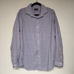 Esquire‎ Slim Fit Non Iron Dress Shirt Men 16.5 34/35 Long Sleeve Gingham Blue